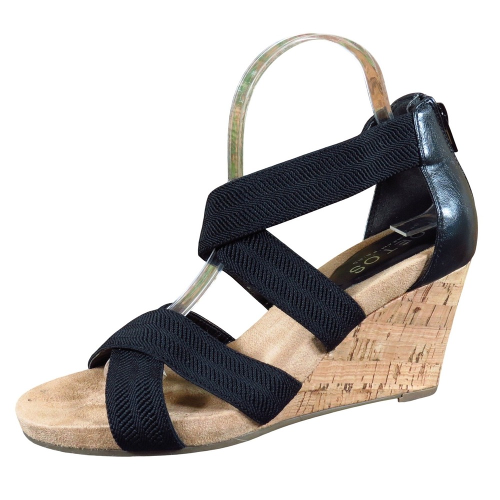 TOETOS Solsoft_15 Women Wedge‎ Sandal Size 9 Casual Comfort Black Fabric Cork